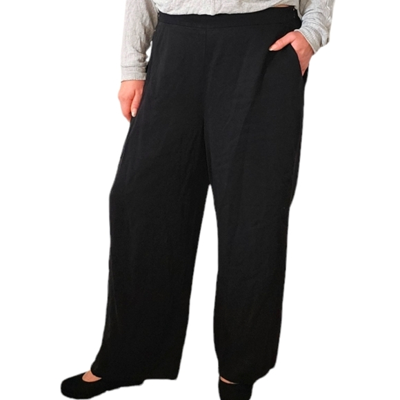 Eileen Fisher Wide Leg Pants Elastic Waist Size Large Black Side Zip Pockets - Picture 1 of 11